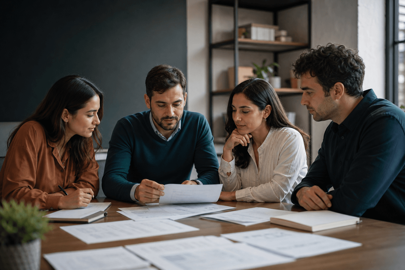 Equipo del estudio revisando documentación en una reunión de trabajo